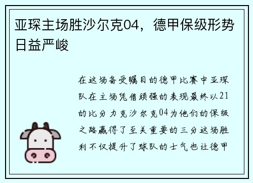 亚琛主场胜沙尔克04，德甲保级形势日益严峻